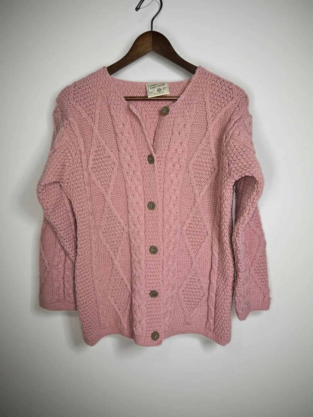 Vintage Connemara Knitwear Pink Cable Knit Wool Cardigan Sweater Ireland Size S